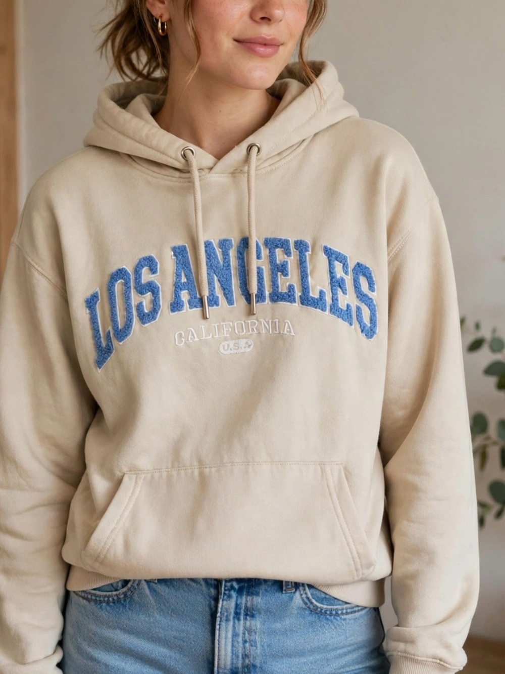H&M Cream Hoodie Sweater with Blue 'Los Angeles' Applique
